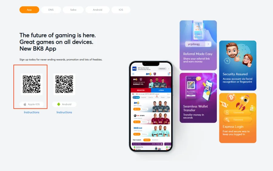 QR code and Apple button on the BK8 app download page for iOS