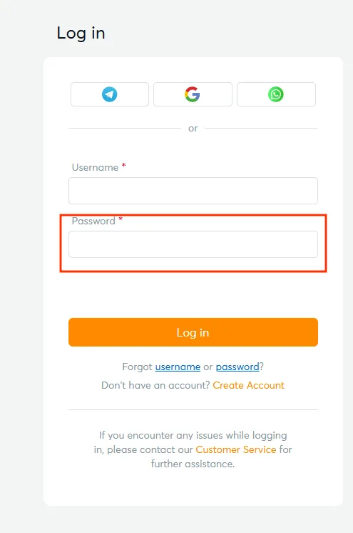 Password field highlighted on the BK8 casino login form