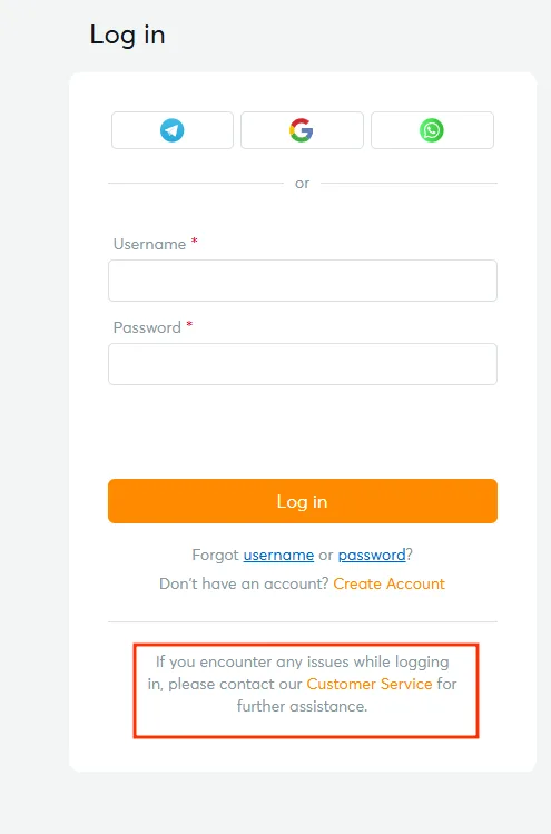 BK8 customer service note at the bottom of the login form