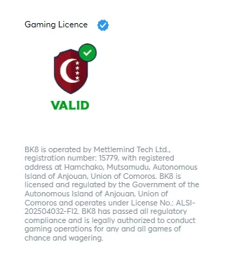 BK8 license badge from Anjouan shown in the site footer