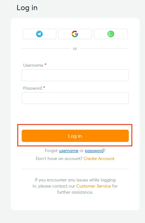 Orange Log in button on the BK8 log in form