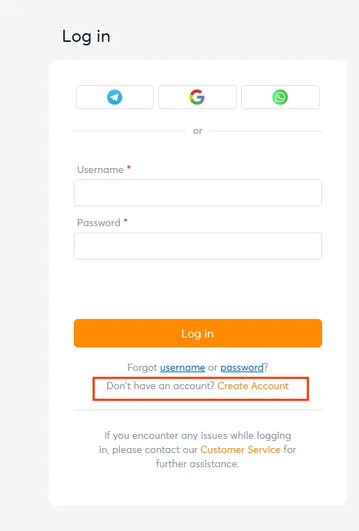 Create Account link under the BK8 login form
