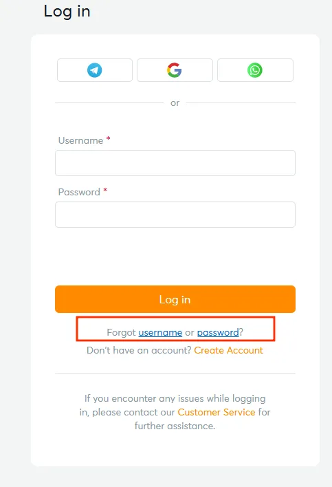 Forgot username and forgot password links on the BK8 login form