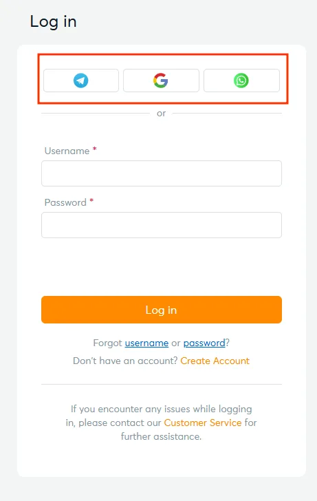 BK8 login Malaysia form with Telegram, Google and WhatsApp sign-in buttons