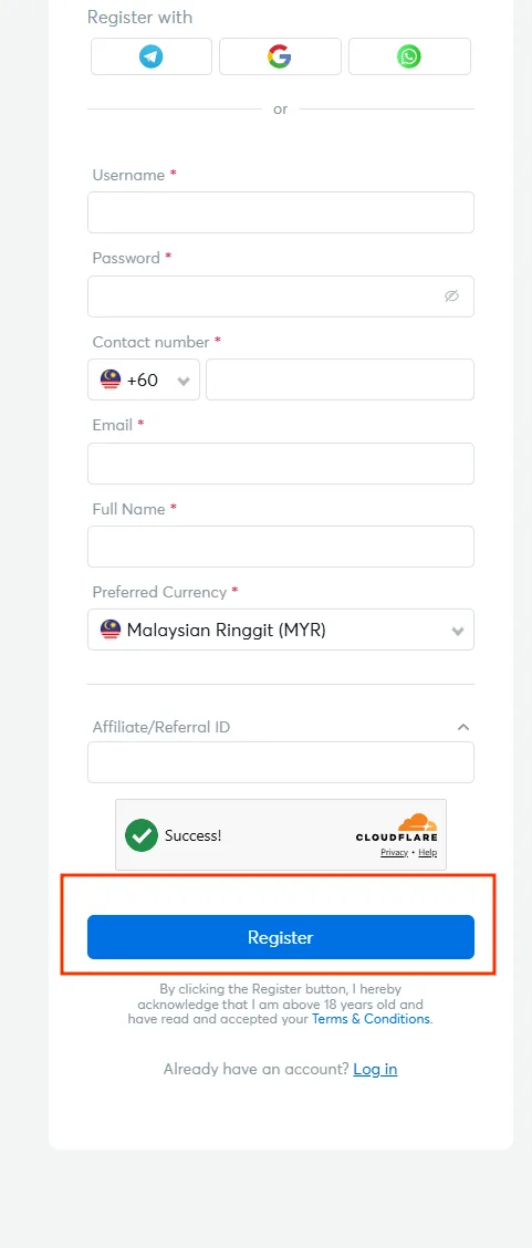 Security check passed and Register button on the BK8 login register form