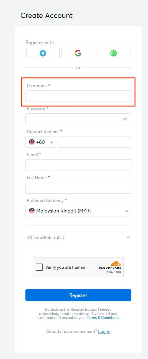 Username field highlighted on the BK8 login register form