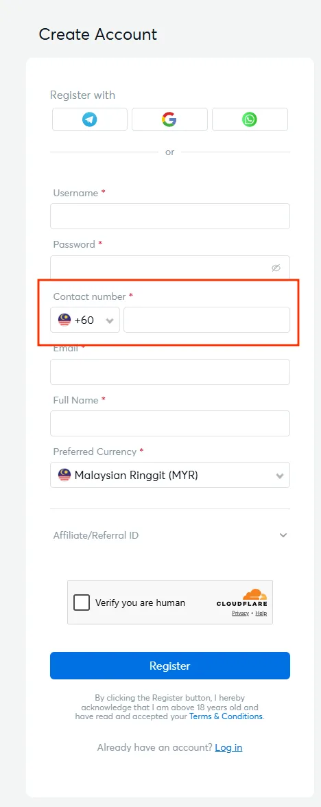 Contact number field with the +60 code on the BK8 Malaysia register form