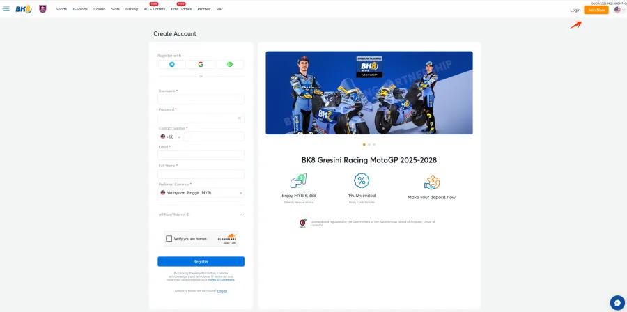 Join Now button in the BK8 Malaysia header opening the register form