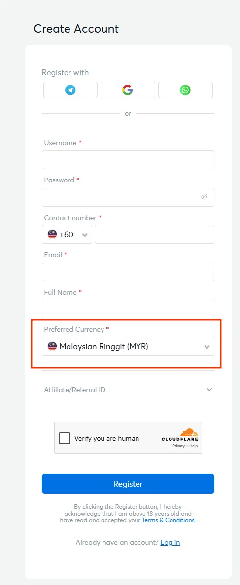 Preferred Currency set to Malaysian Ringgit on the BK8 sign up form