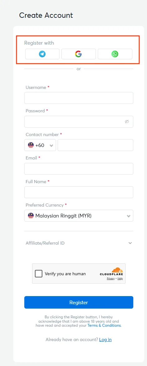 BK8 sign up with Telegram, Google or WhatsApp instead of the form
