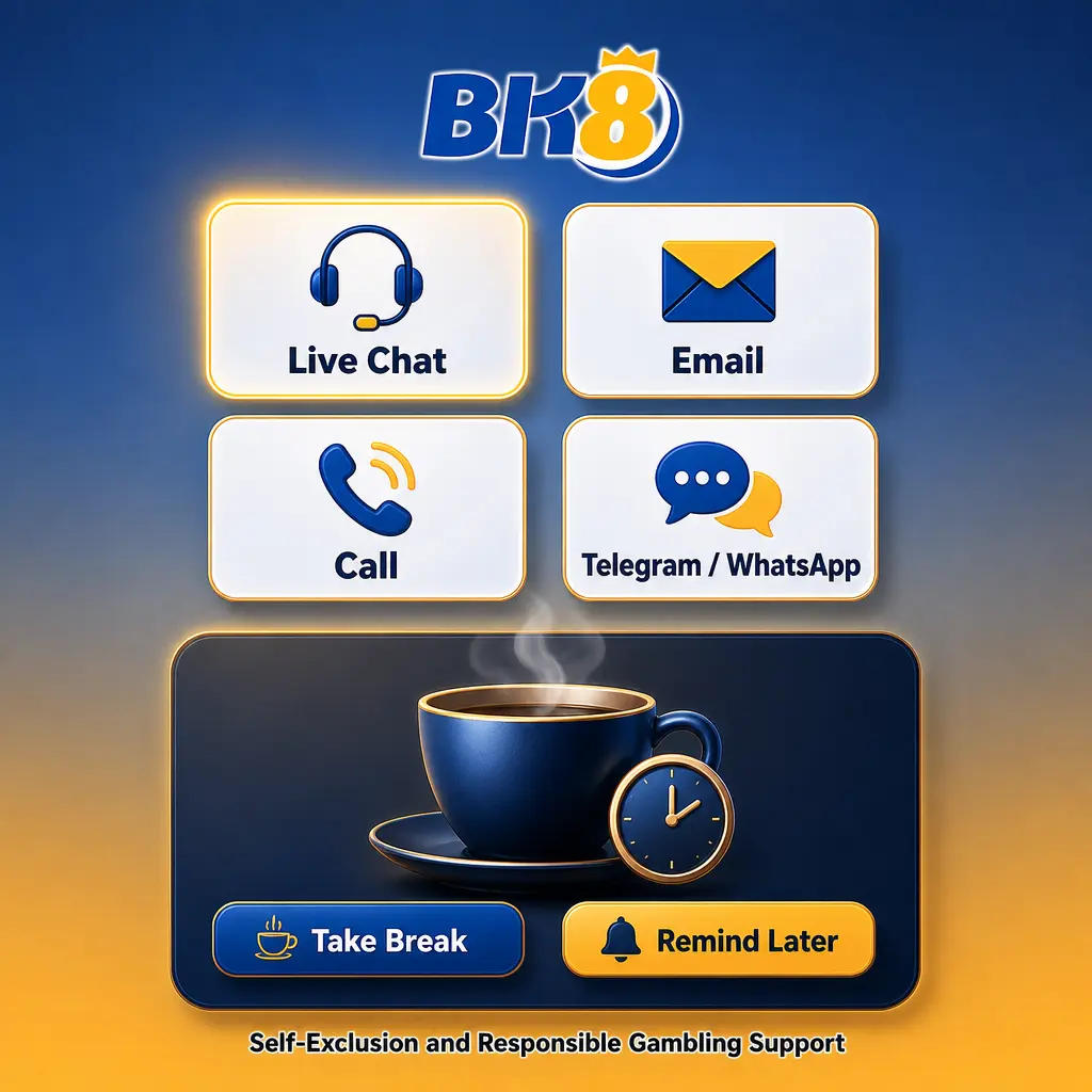 BK8 responsible gambling support offering self-exclusion, loss limits, and cool-off periods via live chat or email